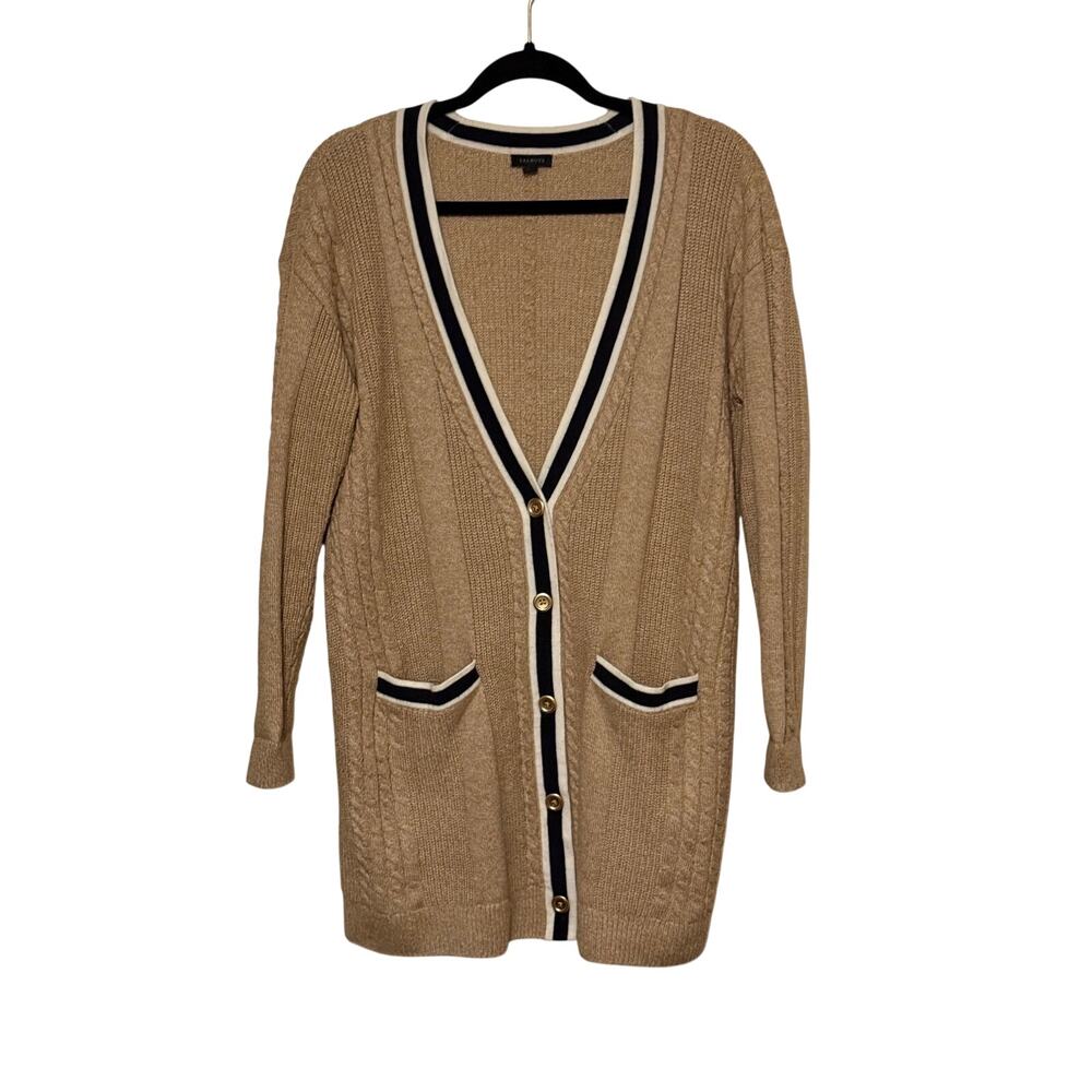Talbots Longline Cable Knit Cardigan M Tan Navy Ivory Gold Buttons Preppy